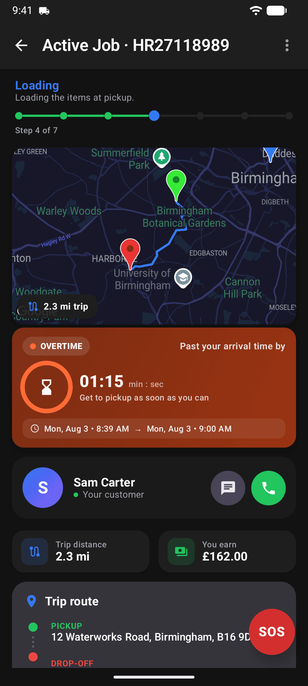 The active job screen with milestone progress and live map