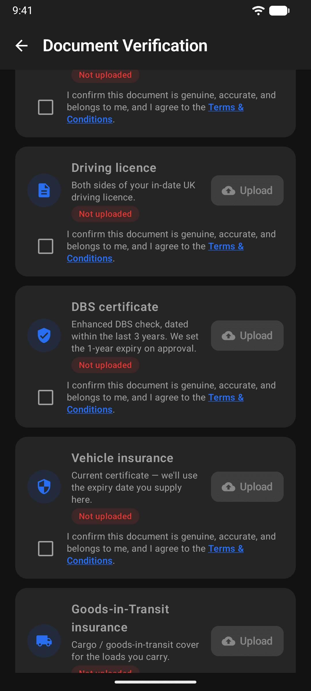 The driver document verification screen