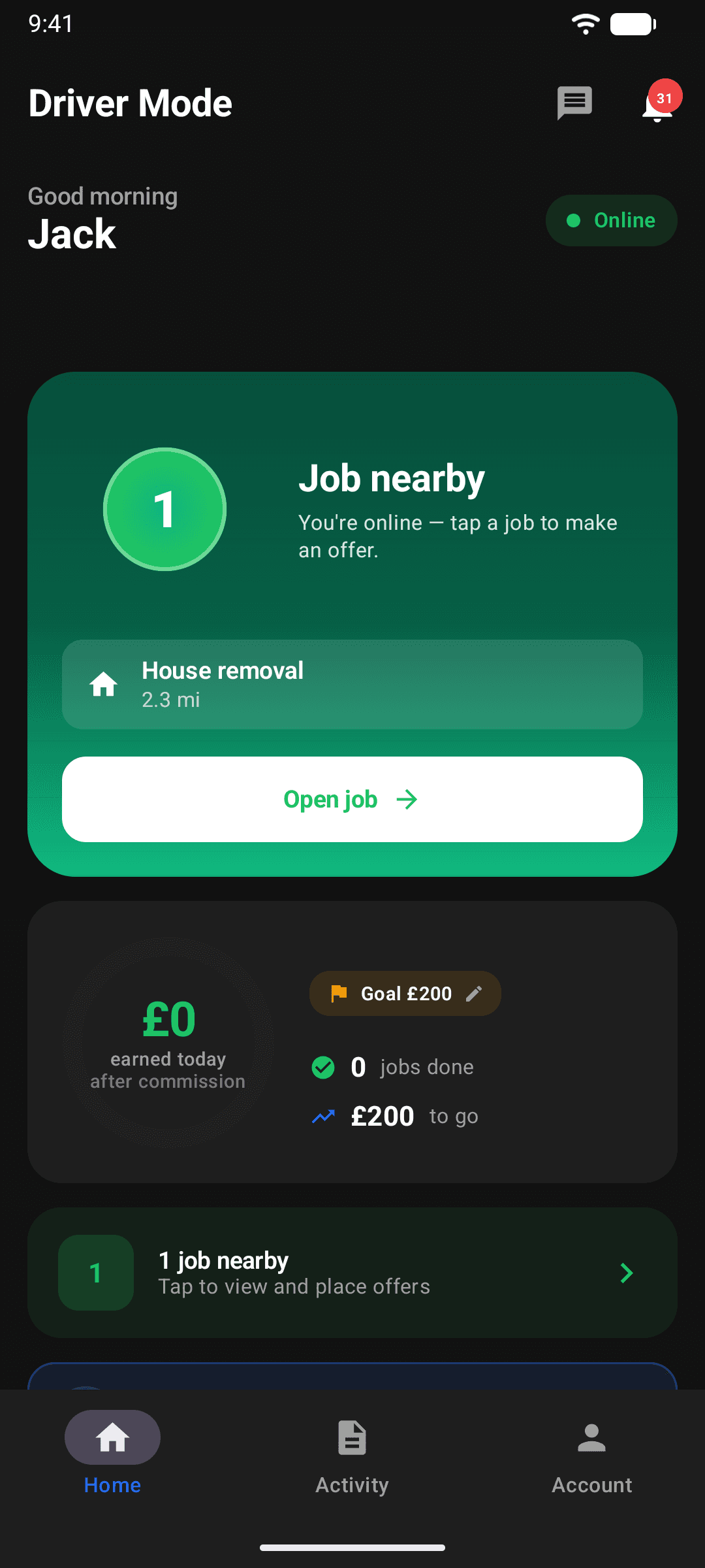 The driver home screen with online status and jobs nearby