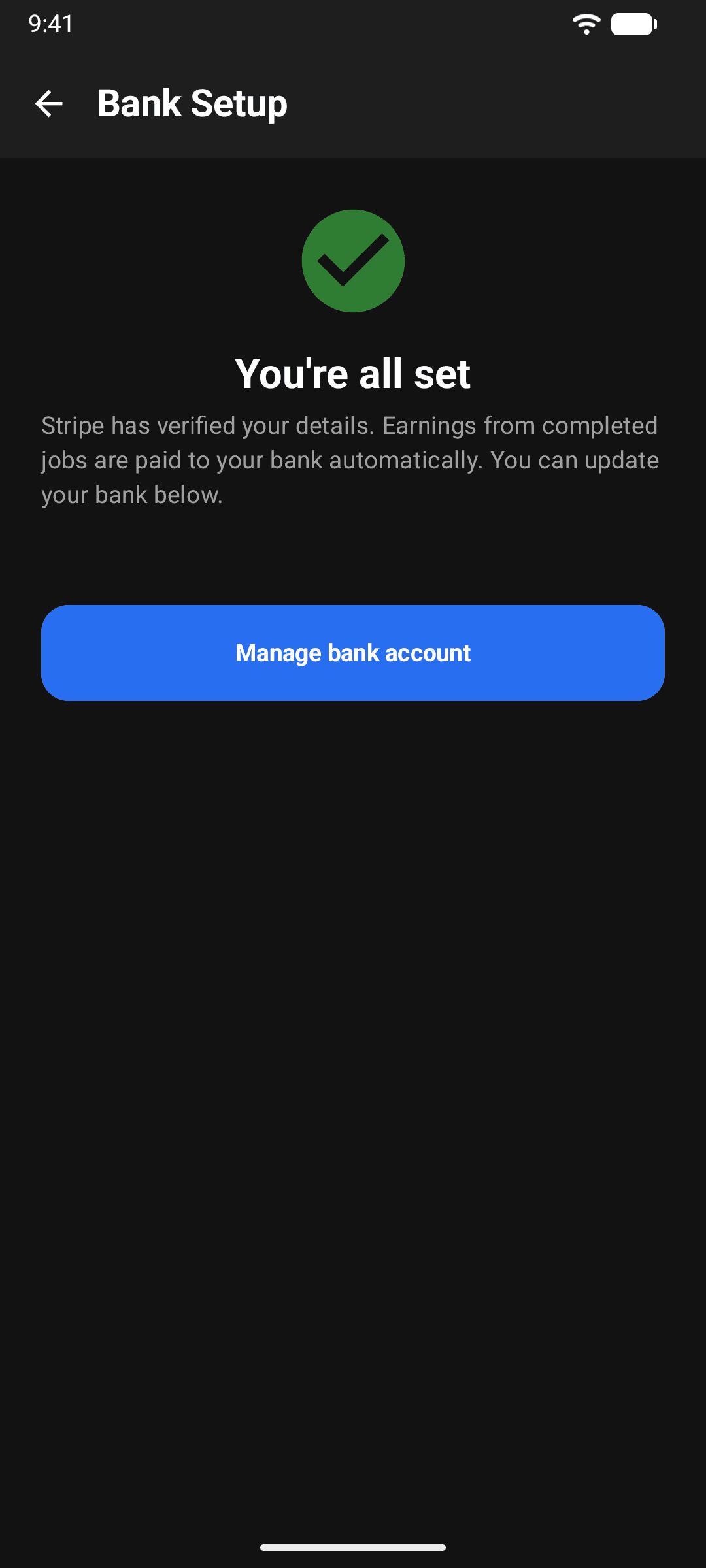 The payout setup screen showing Stripe verification complete