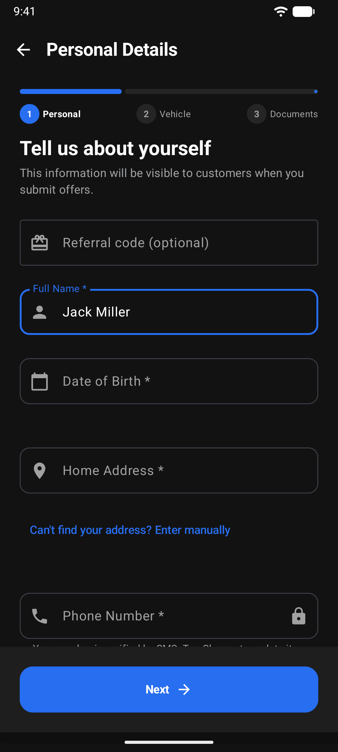 The driver setup screen with the referral code box