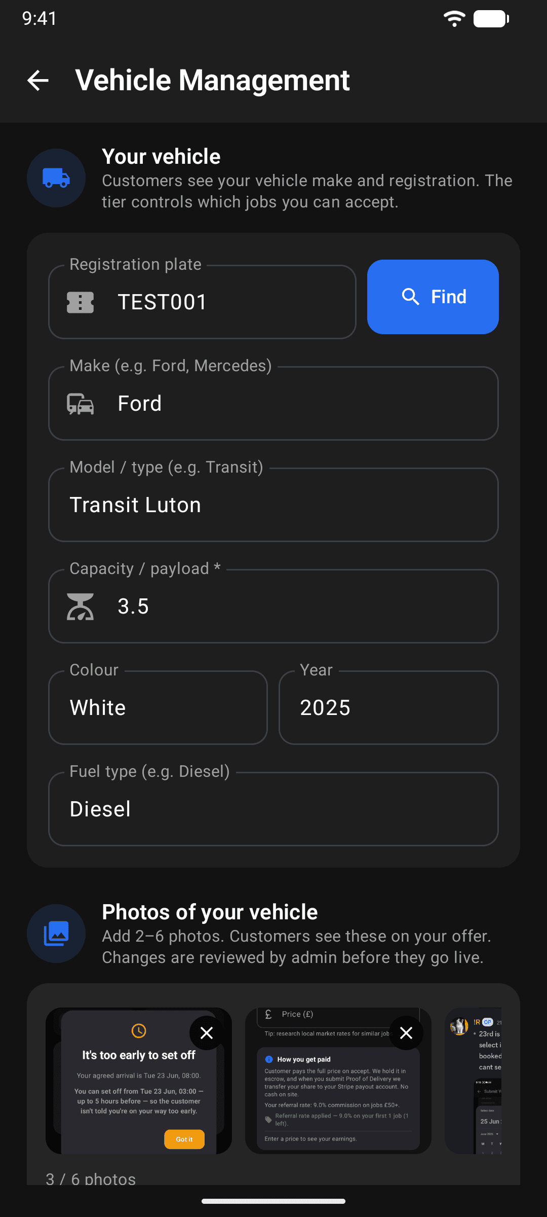 The vehicle details screen with registration, make and model