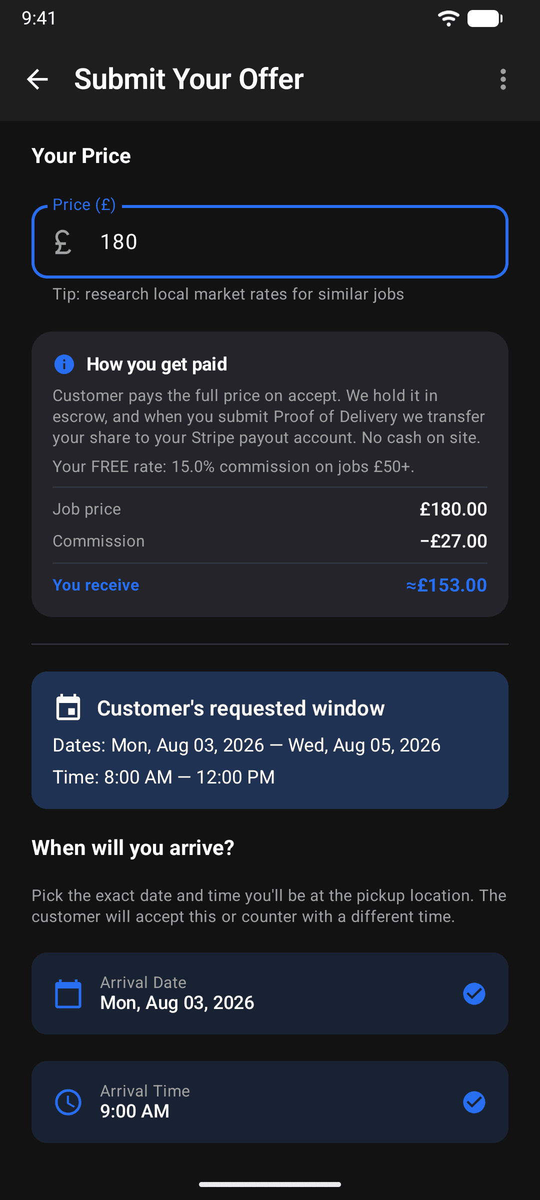 The submit offer screen with your price and earnings breakdown