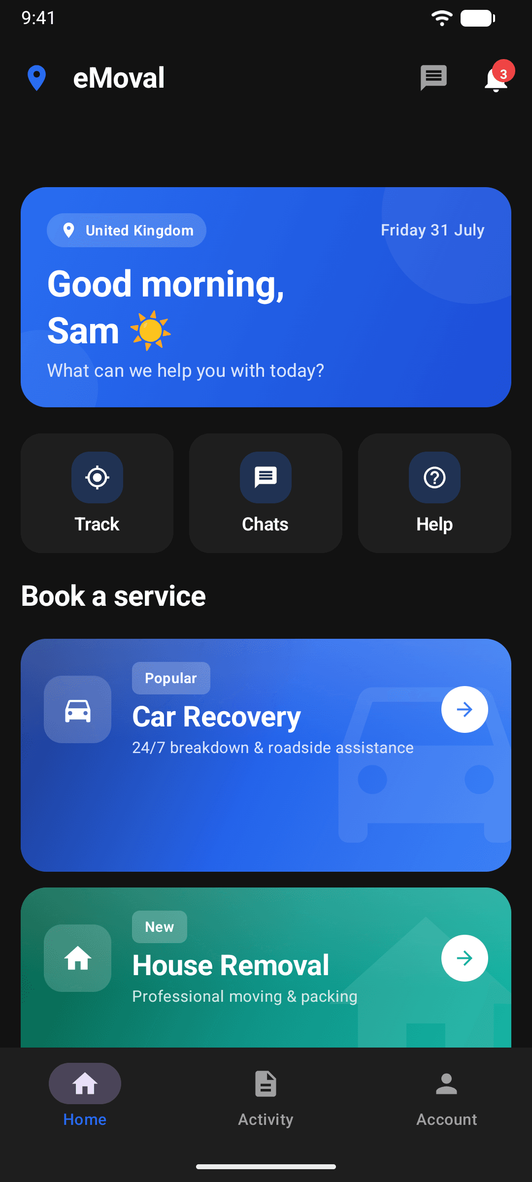 The eMoval app home screen showing Car Recovery and House Removal booking options