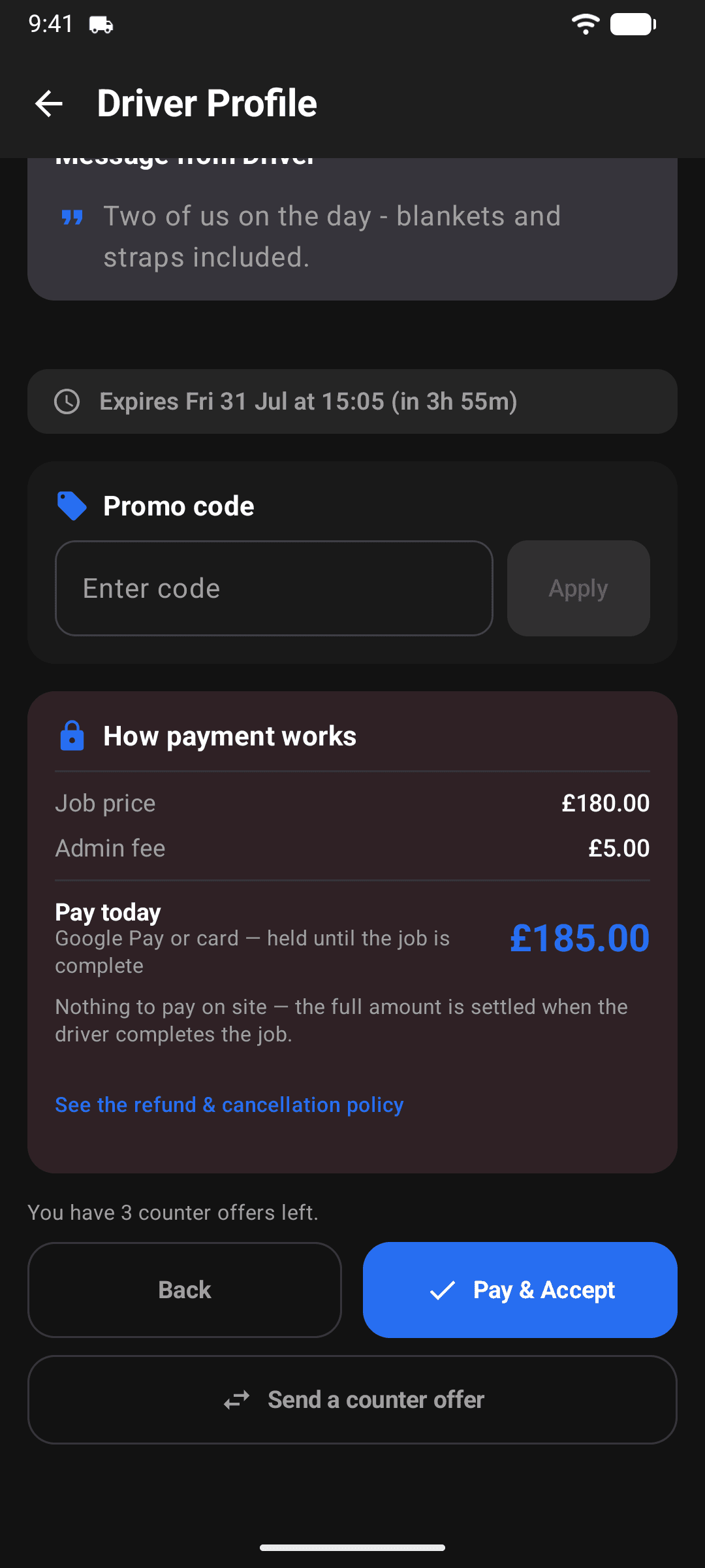The driver offer screen with promo code box and payment breakdown