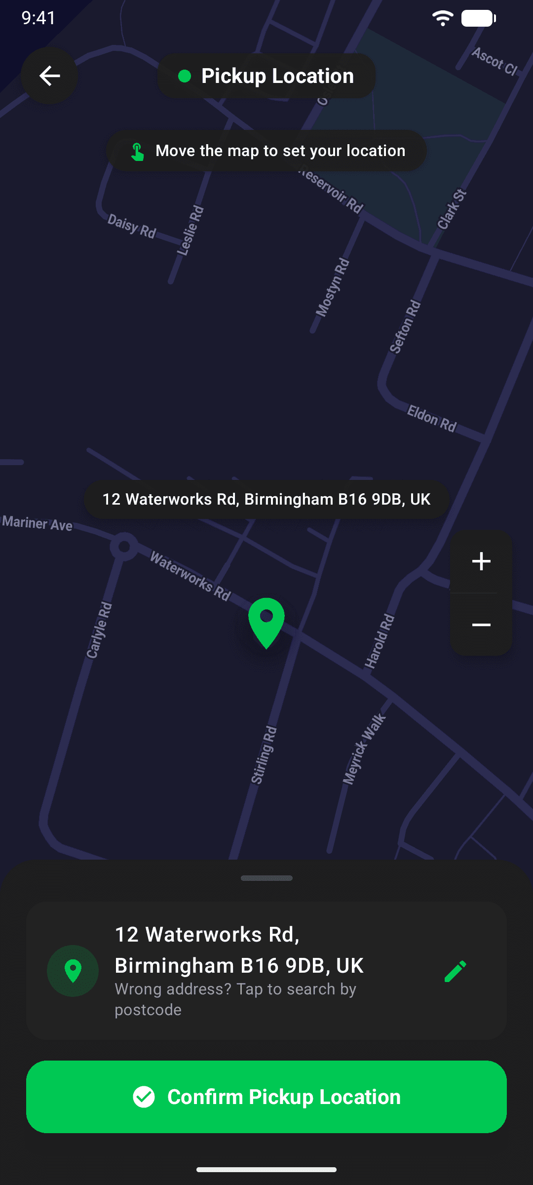 The eMoval app confirming a breakdown pickup location on the map