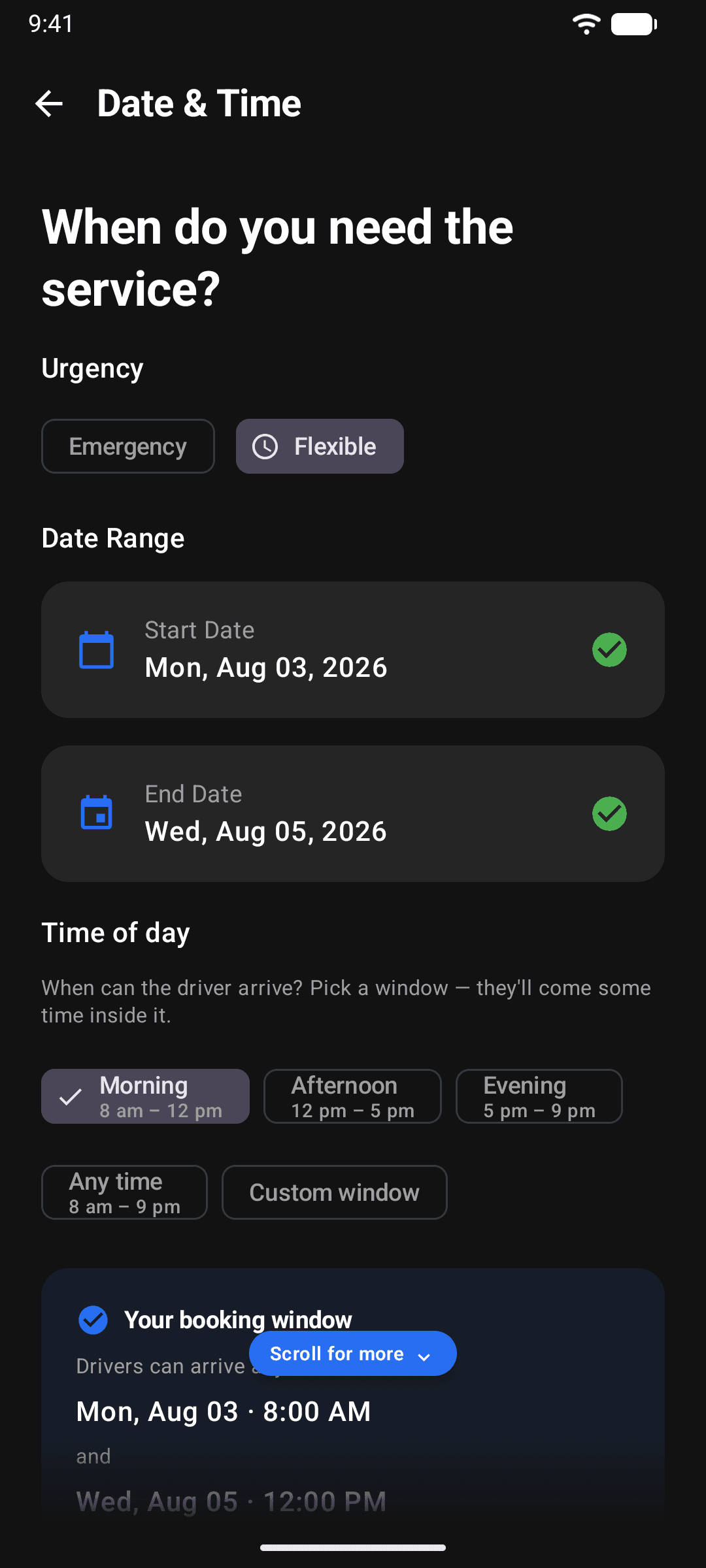 The date and time screen with Emergency and Flexible options